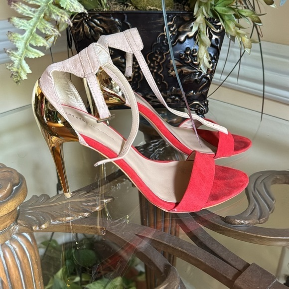 Zara 38 Orange Nude Strap Gold Heel Sandals - Picture 3 of 5